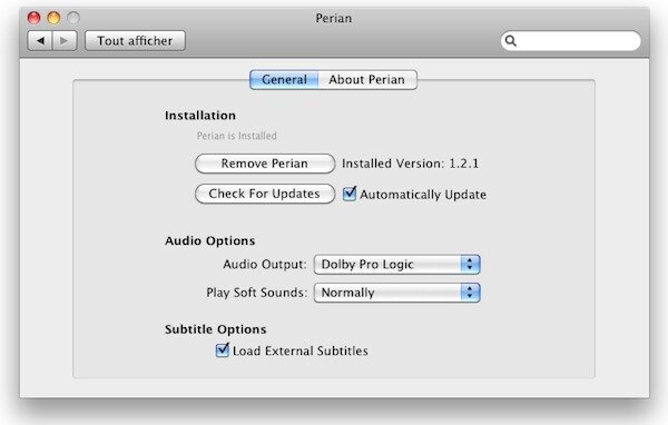 Perian plugin audio-video Quicktime - Options
